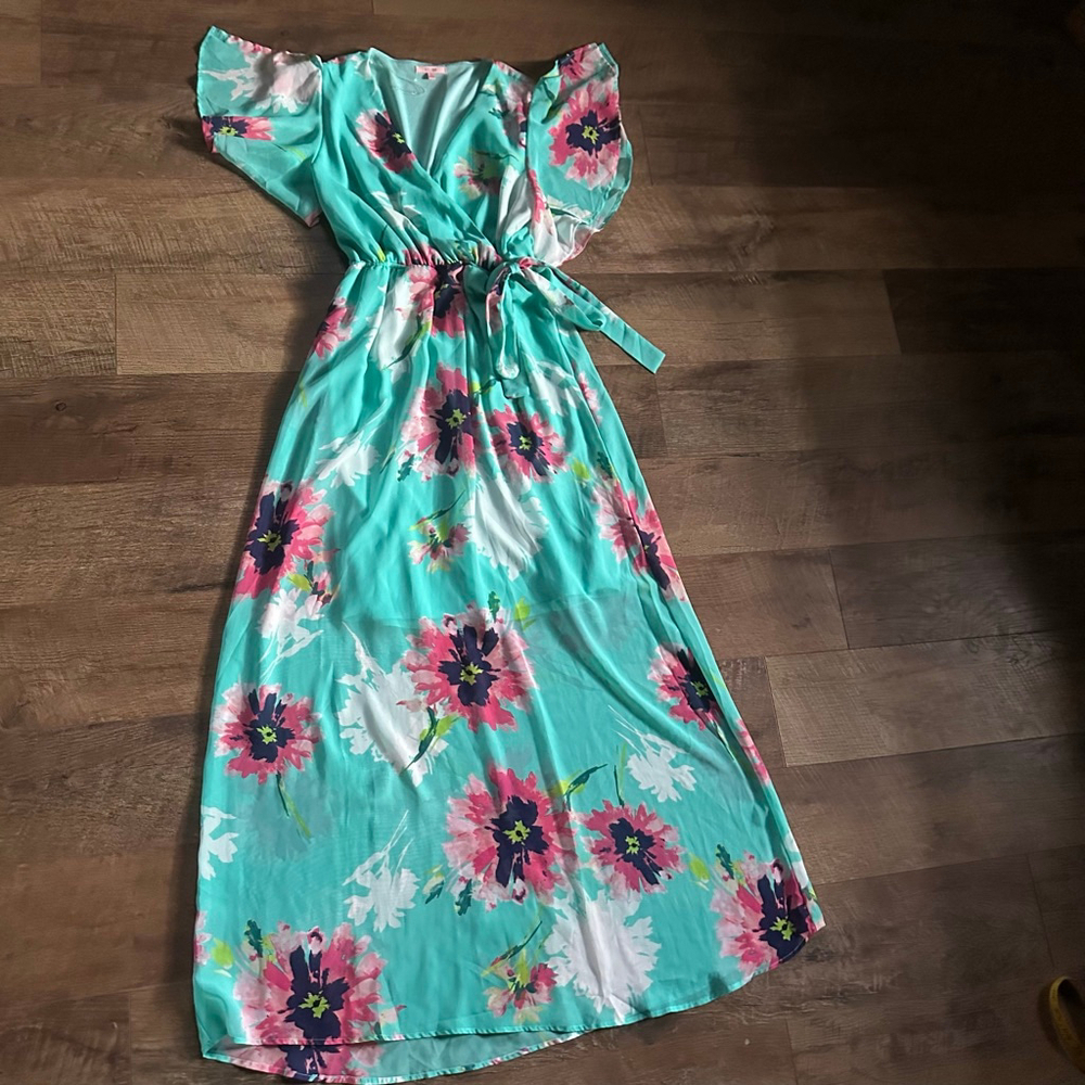 Women's P.S. LOVE Teal Pink Floral Maxi Dress L